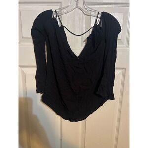 Jessica Simpson Black Cold Shoulder V-Neck Strappy Back Blouse Small Long Sleeve